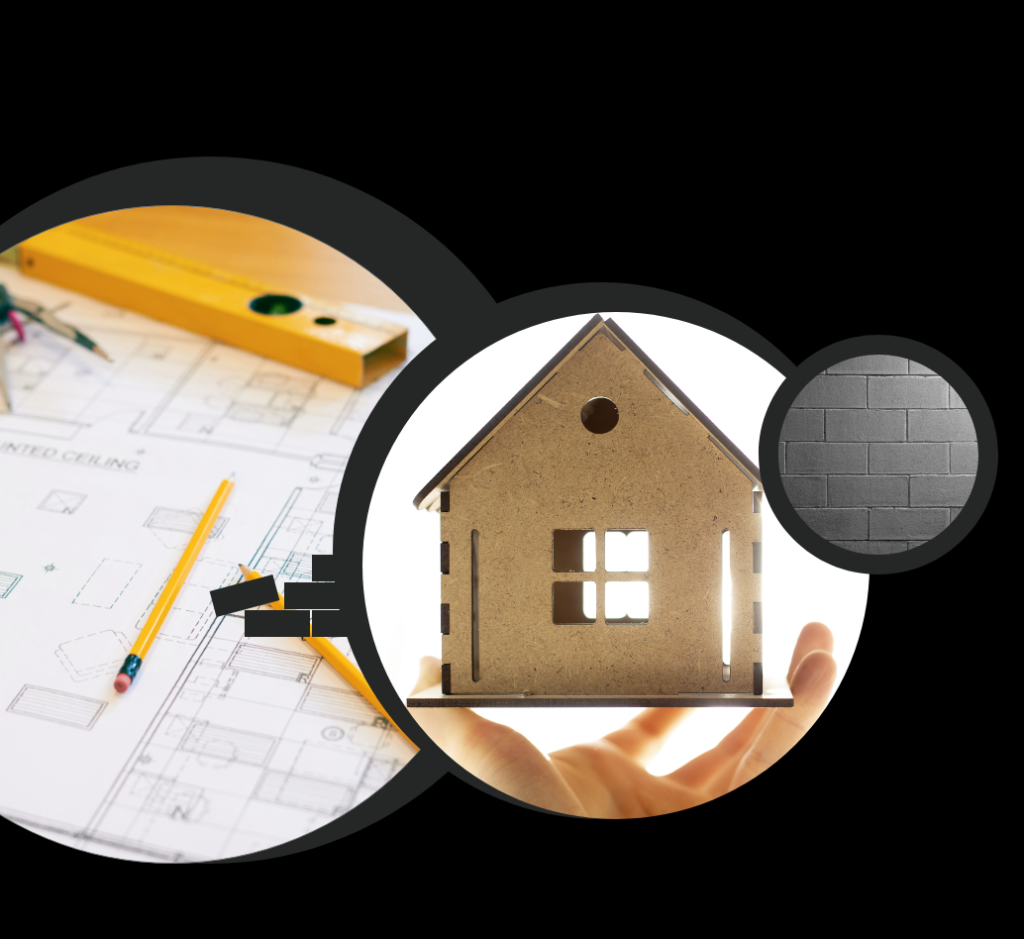 Plan de construction, maquette de maison et mur de briques illustration du processus de maçonnerie résidentielle.