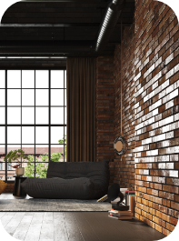 Mur de brique restauré dans un intérieur au style industriel.